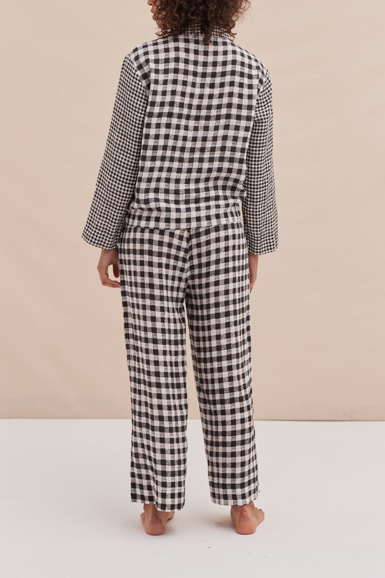 Long Sleeve Linen Pajamas, Alternate, color, GINGHAM LINEN BLACK/WHITE