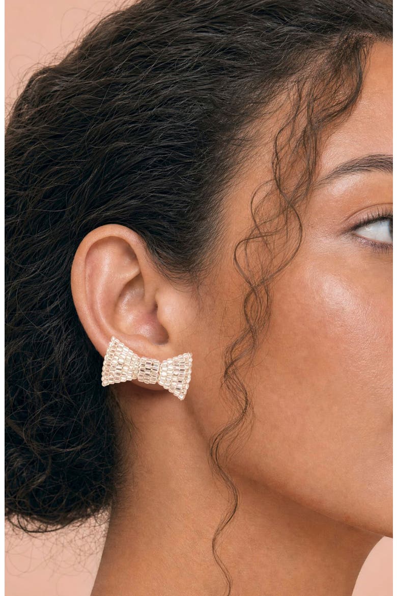 Beaded Bow Stud Earrings, Alternate, color, SILVER