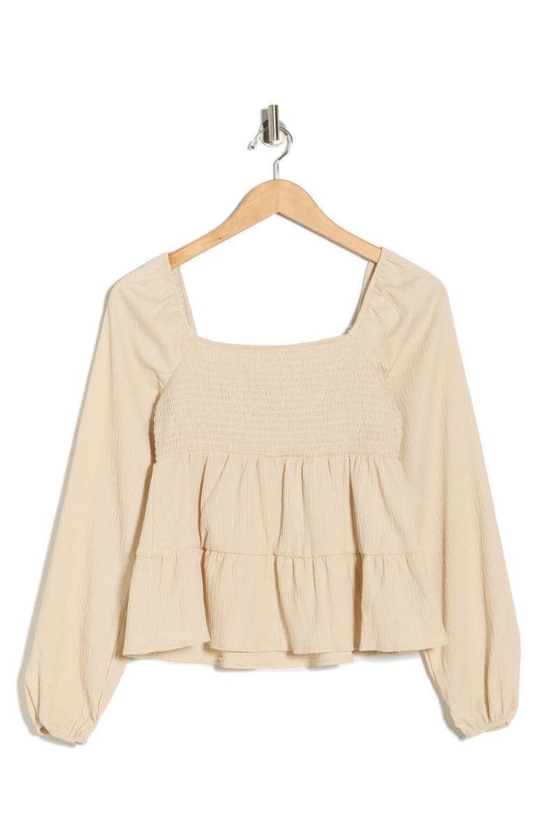 Madden Girl Smocked Tiered Ruffle Babydoll Top, Main, color, Natural
