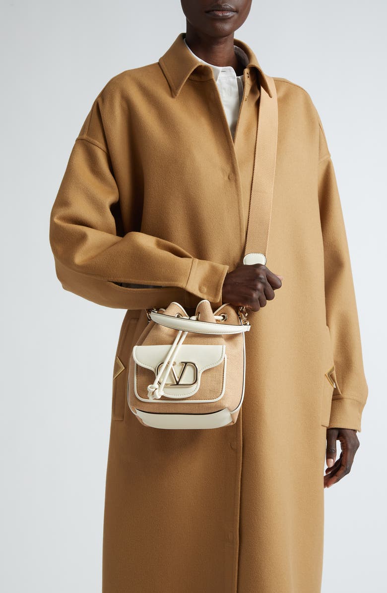 Valentino Garavani Small Locò Raffia & Leather Bucket Bag, Alternate, color,