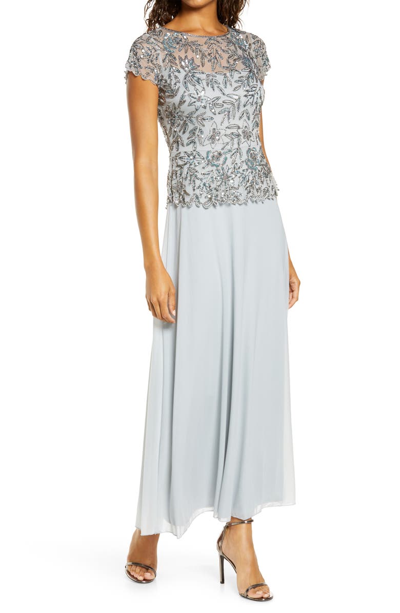Pisarro Nights Beaded Mesh Mock Two-Piece Gown, Main, color, Ice