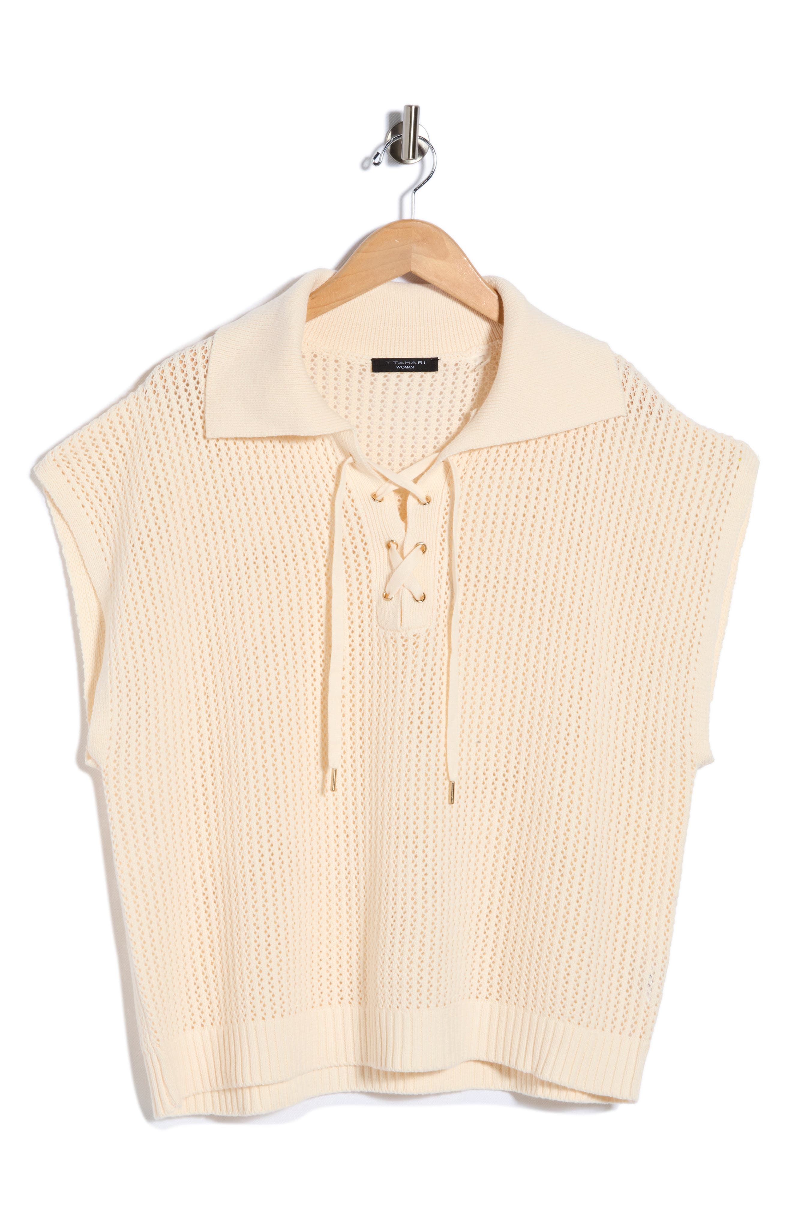 Tie Neck Short Sleeve Open Stitch Sweater