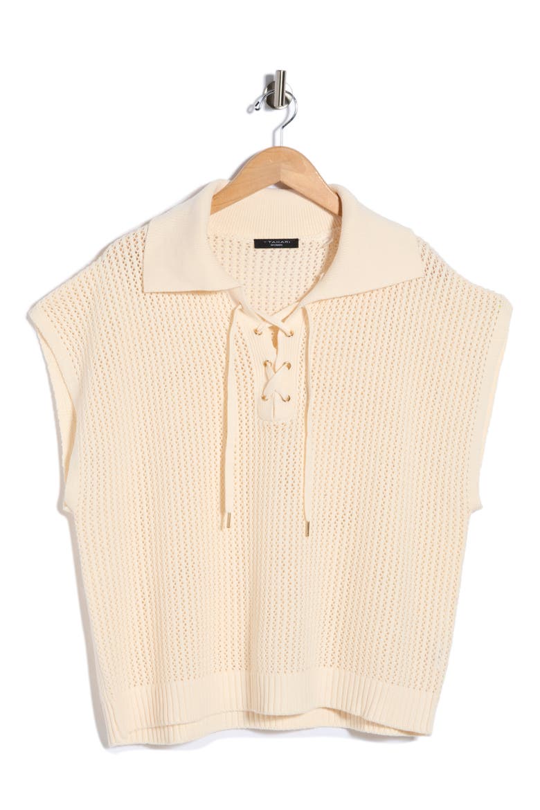 Tie Neck Short Sleeve Open Stitch Sweater, Alternate, color, CREAM