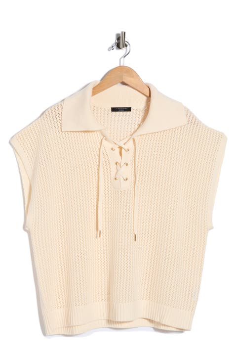 Tie Neck Short Sleeve Open Stitch Sweater