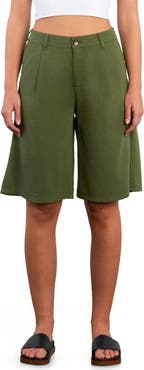 HINT OF BLU Chill Pleated Mid Rise Denim Bermuda Shorts