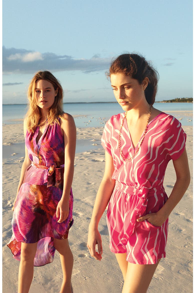 Split Neck Silk Tunic Dress, Alternate, color, PINK/ MAGENTA