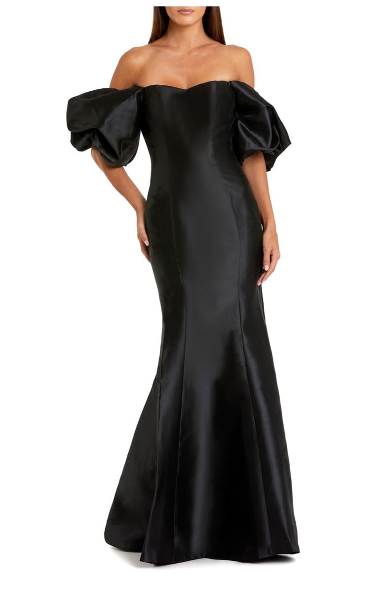 Mac Duggal Petite Sweetheart Off The Shoulder Puff Sleeve Gown, Main, color, Black