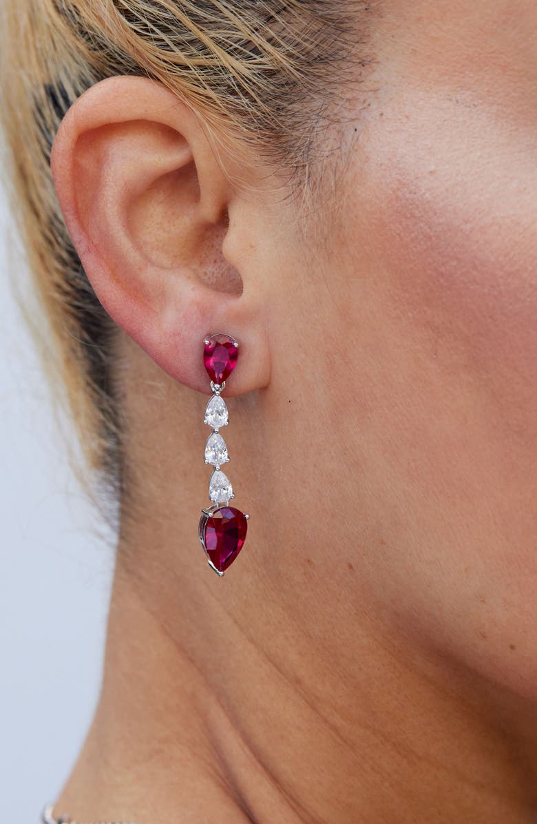 SAVVY CIE JEWELS Pear Cut Cubic Zirconia Linear Drop Earrings, Alternate, color, Ruby Red