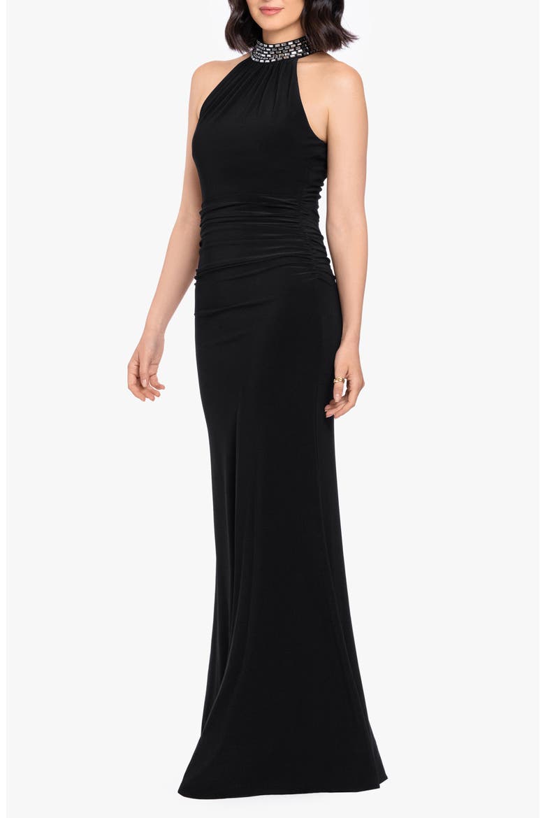 Beaded Mock Neck Column Gown, Alternate, color, BLACK/ SILVER
