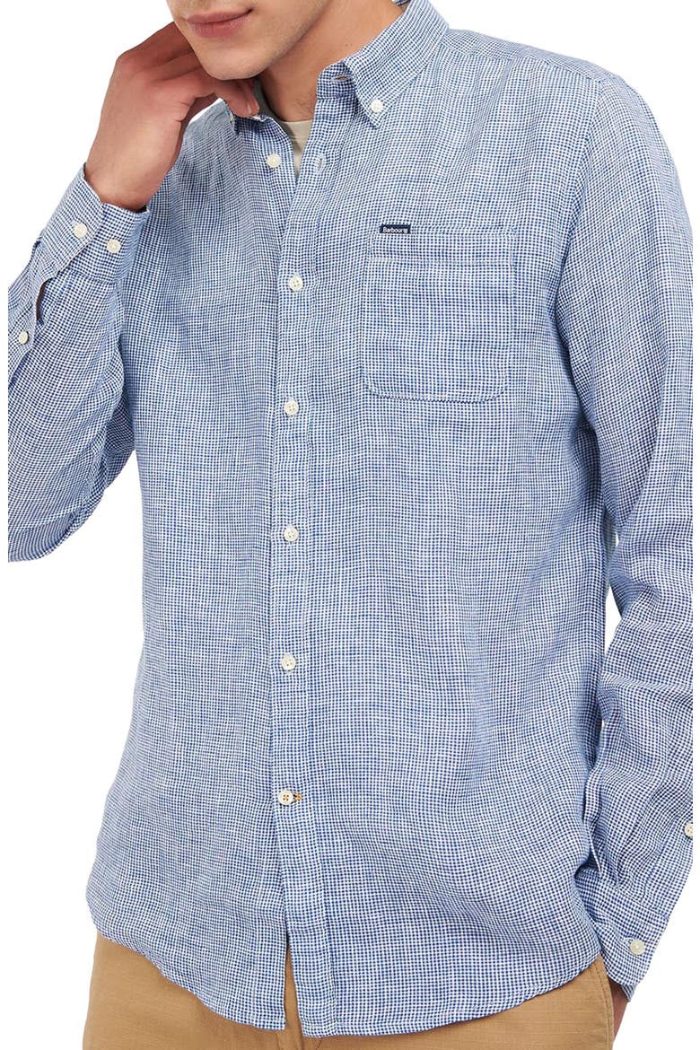 Linton Tailored Fit Check Linen Button-Down Shirt, Main, color, NAVY