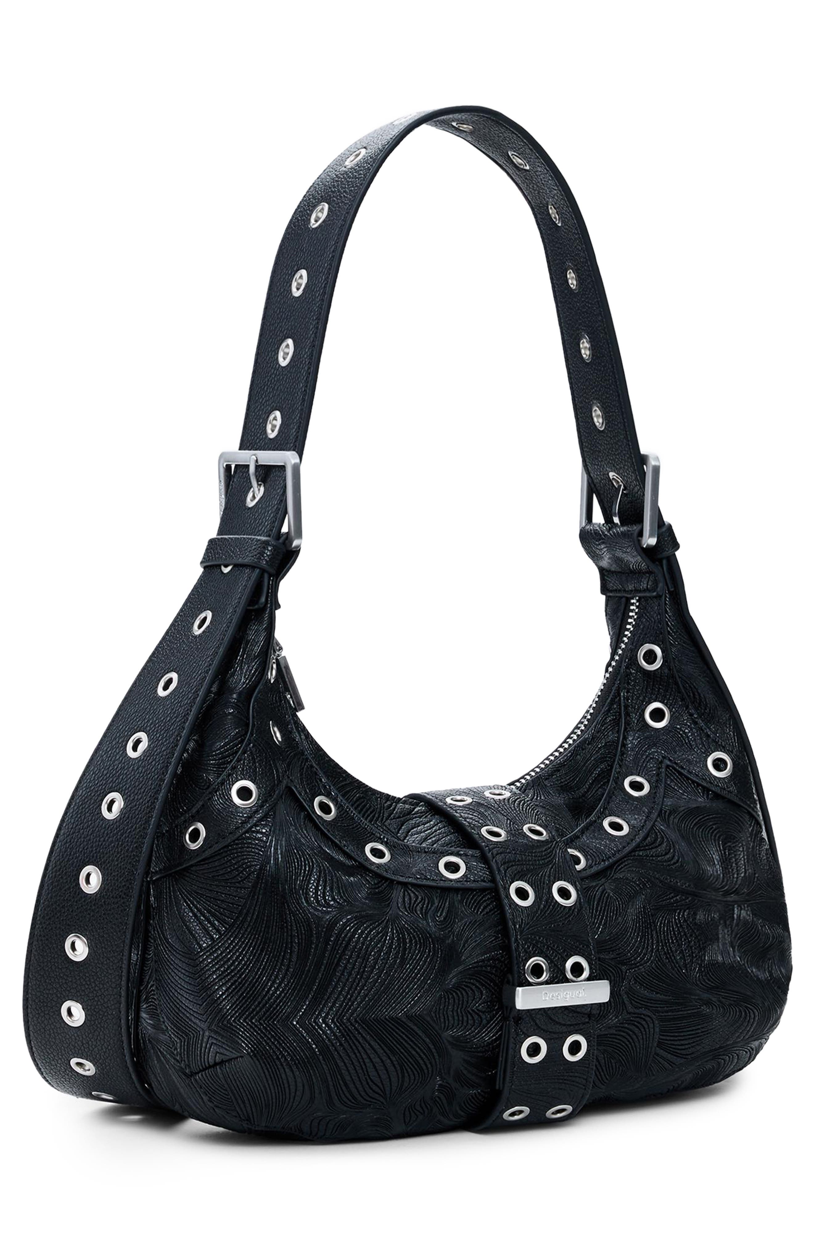 Desigual Grommet Faux Leather Shoulder Bag, Alternate, color, Black