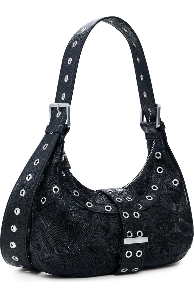 Desigual Grommet Faux Leather Shoulder Bag, Alternate, color, Black