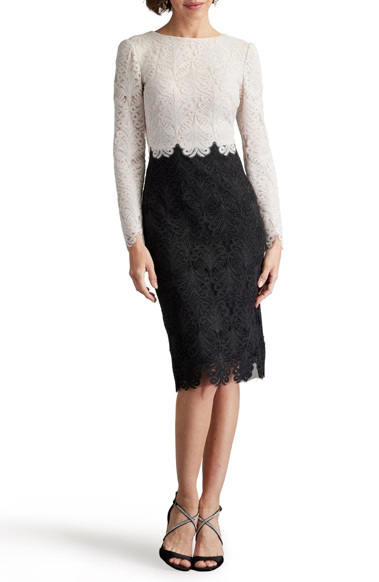 Tadashi Shoji Colorblock Long Sleeve Corded Lace Cocktail Dress, Main, color, Ivory/ Black