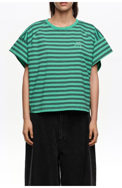 Striped Cropped T-shirt With Embroidered Logo