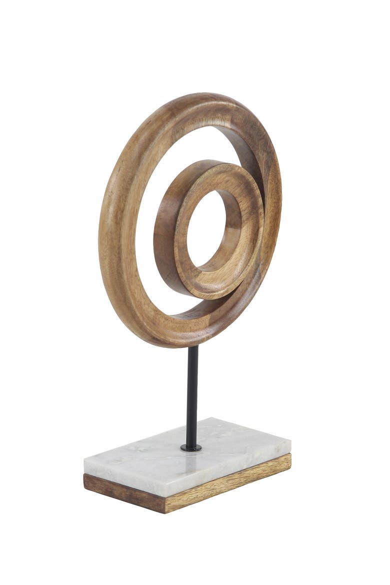 Brown Mango Wood Circle Geometric Sculpture with Marble Stand, Alternate, color, BROWN