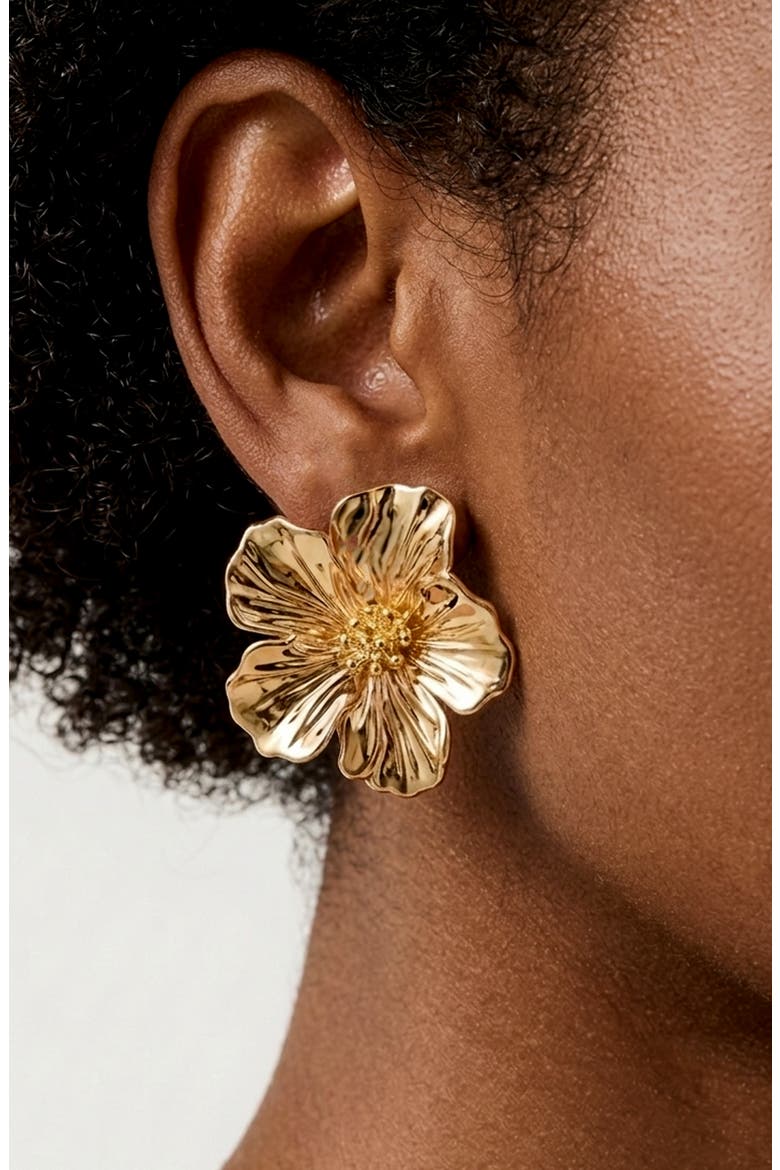 Hibiscus Flower Statement Earrings, Alternate, color, GOLD