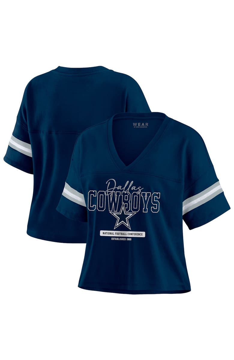 WEAR by Erin Andrews Women's WEAR by Erin Andrews Navy Dallas Cowboys Color Block Boxy Modest Crop V-Neck T-Shirt, Main, color, Navy