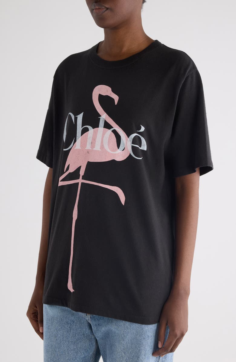 Chloé Flamingo Organic Cotton Graphic T-Shirt, Alternate, color, Ash Black