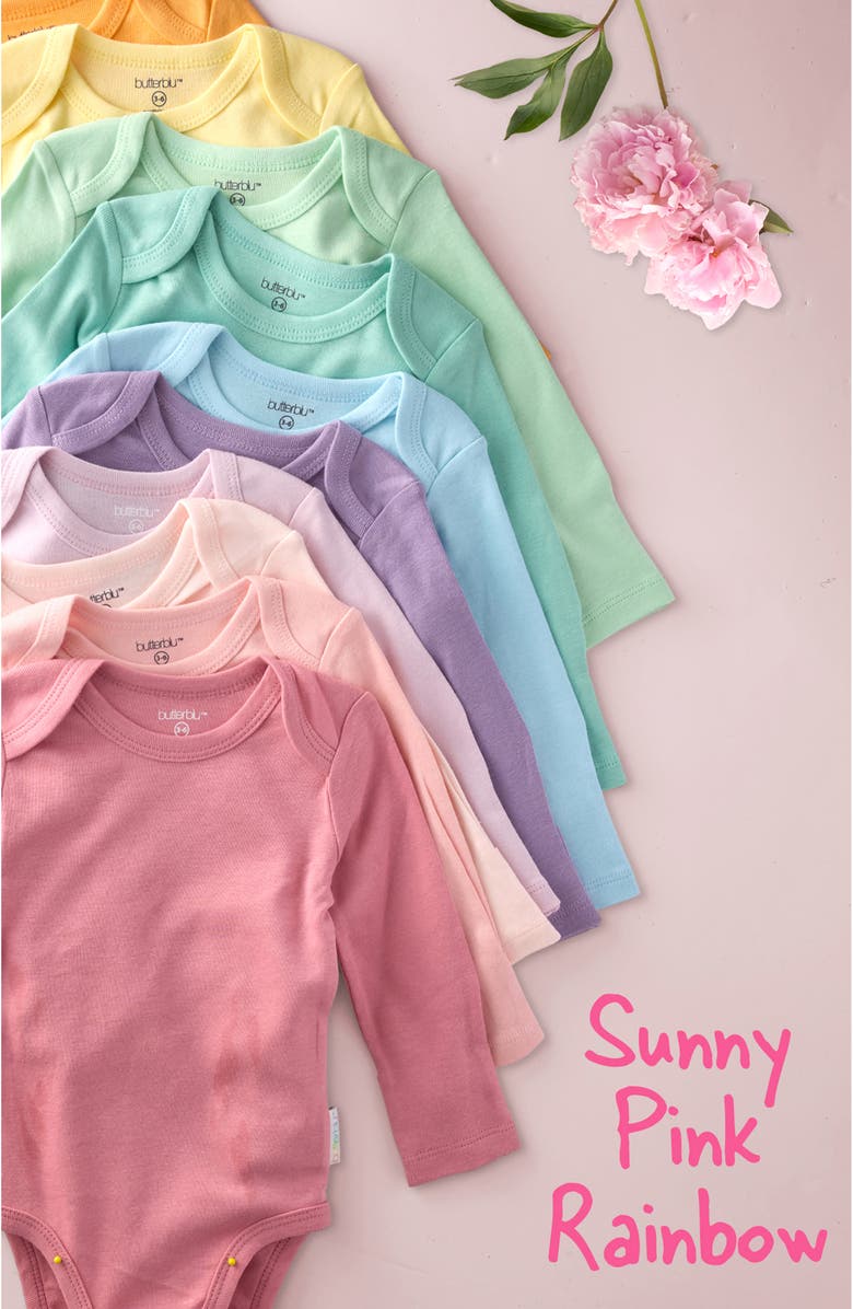 BUTTERBLU Blake Assorted 5-Pack Long Sleeve Organic Cotton Bodysuits, Alternate, color, Sunny Pink Rainbow