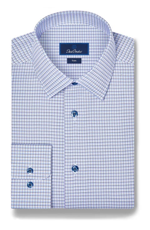 Trim Fit Check Stretch Cotton Twill Dress Shirt