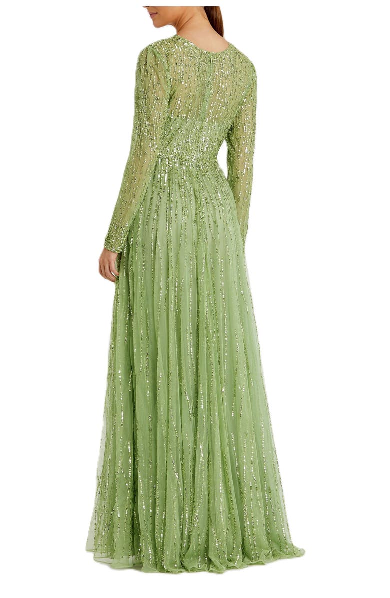 Mac Duggal Women's Sequin Illusion High-Neck Long Sleeve A-Line Gown, Alternate, color, Sage