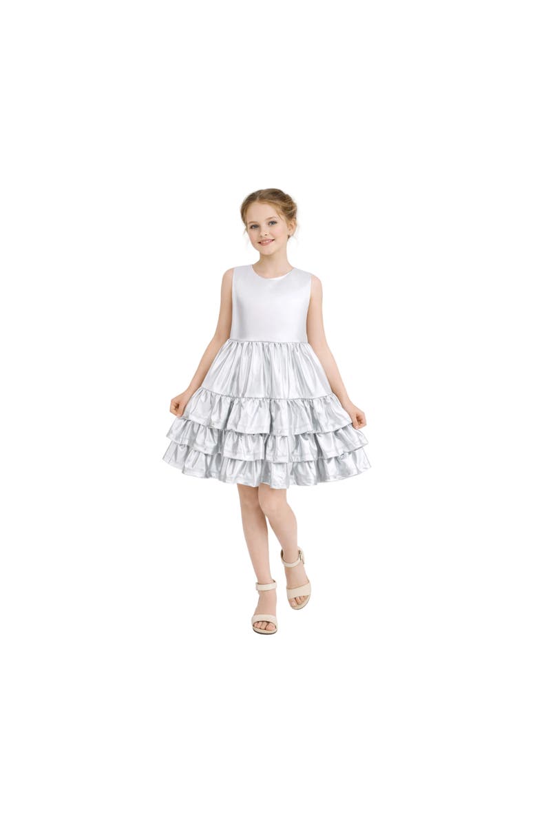 Mimi Tutu Satin Ruffle Party Dress, Main, color, Silver
