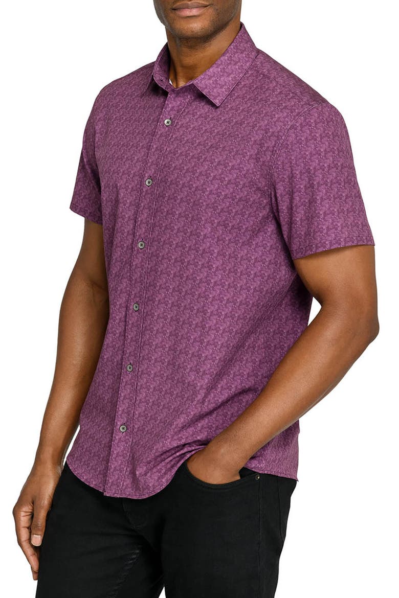 Abstract Blur Performance Short Sleeve Button Up Shirt, Alternate, color, MAROON