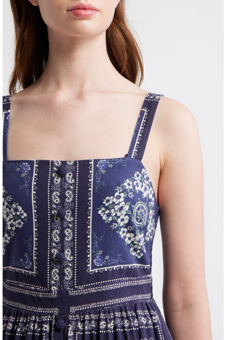 Grid Print Sleeveless Cotton & Linen Midi Dress, Alternate, color, NAVY