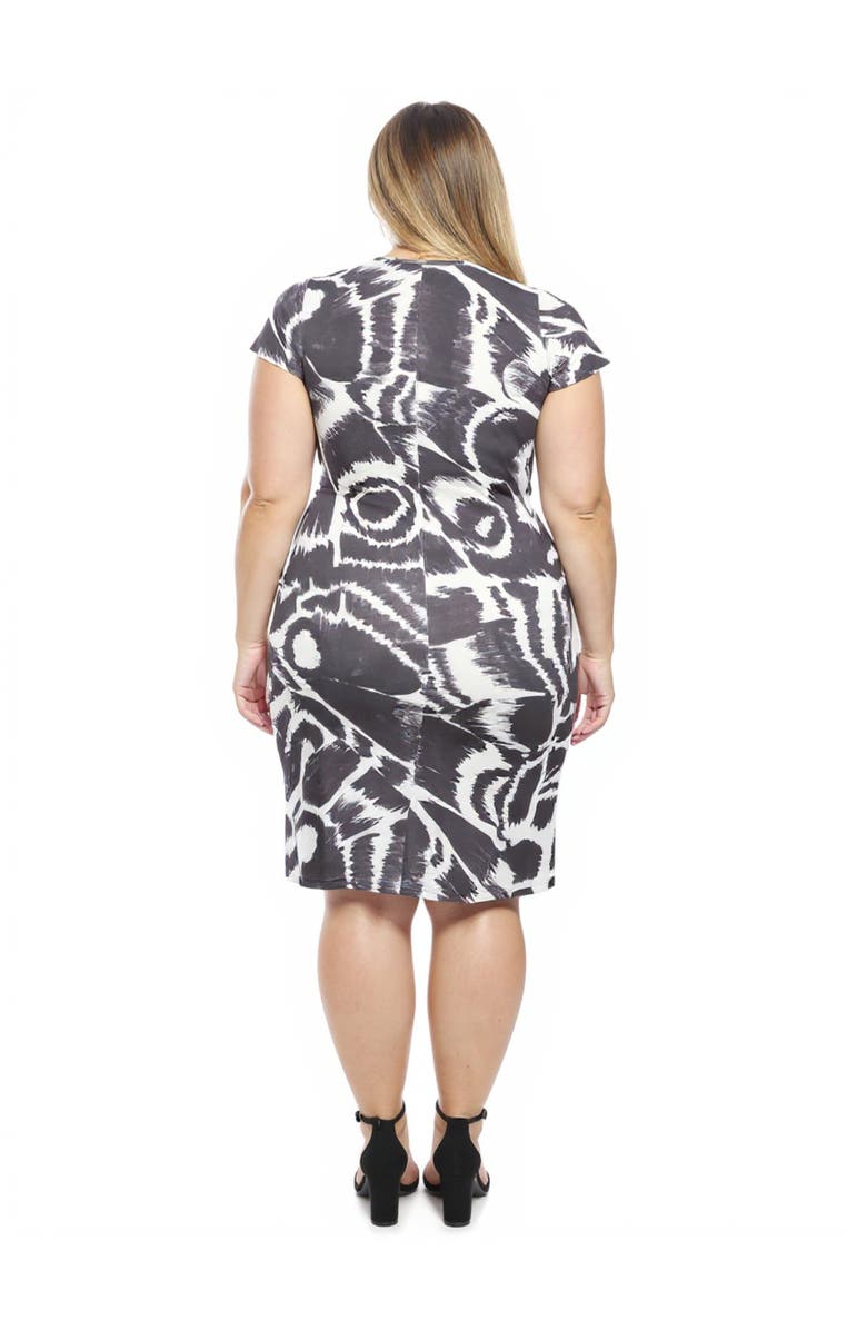 24seven Comfort Apparel Plus Size Abstract V-Neck Short Sleeve Knee Length Faux Wrap Dress, Alternate, color, Black Multi