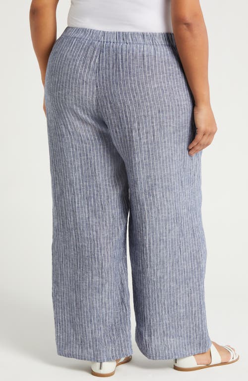 Eileen Fisher Stripe Crop Organic Linen Wide Leg Pants In Blue