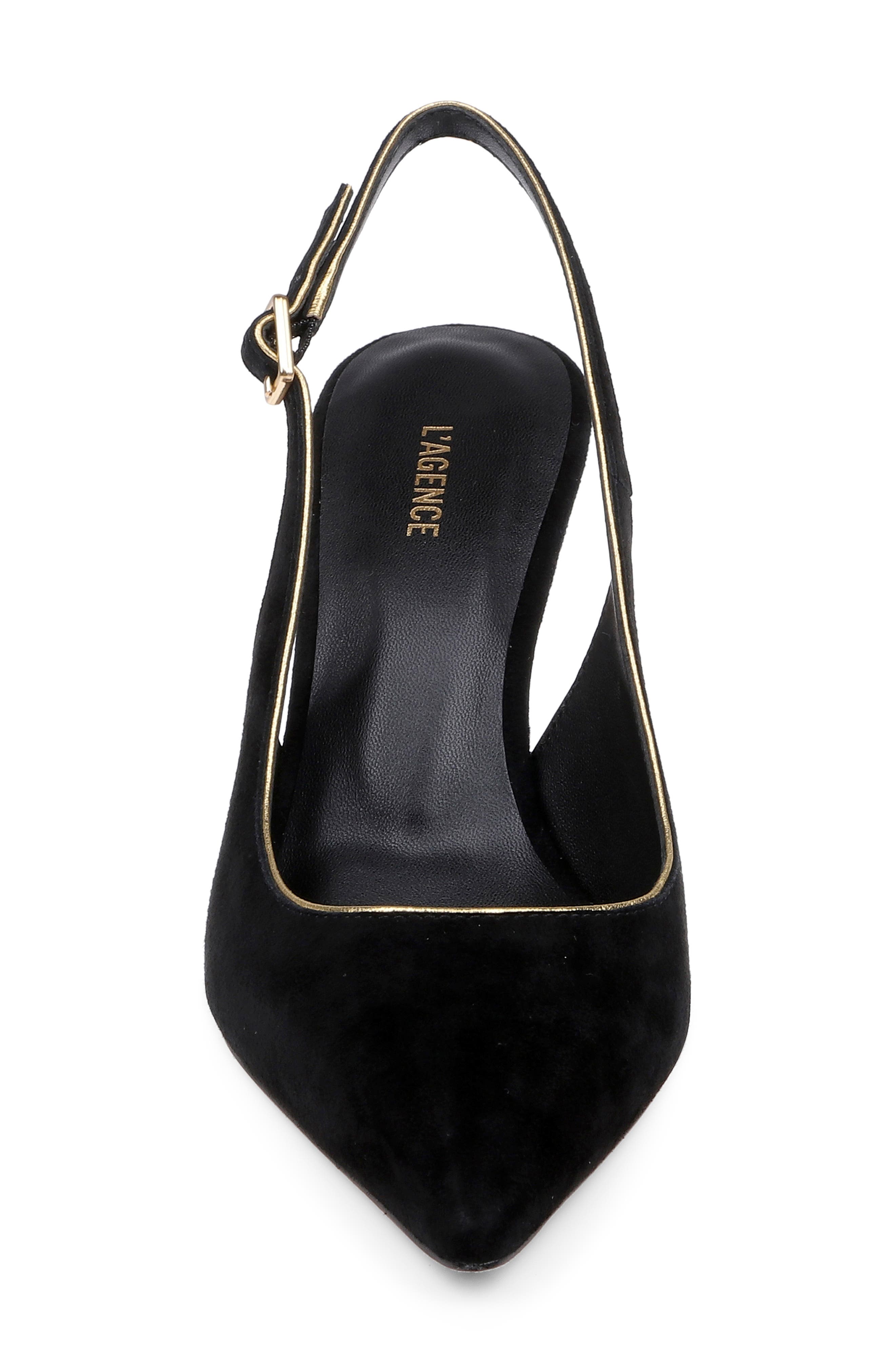 L'AGENCE Vichy II Leather Trimmed Pointed Toe Slingback Pump, Alternate, color, Black Suede