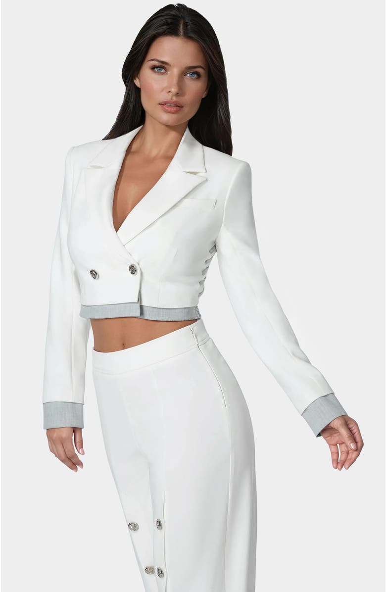 bebe Cropped Eyelet Blazer, Alternate, color, White Alyssum / Grey Melange