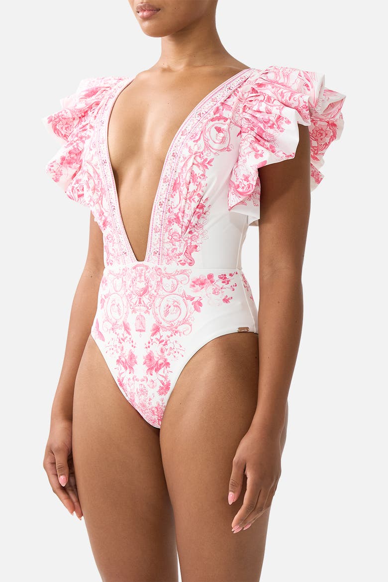 Plunge One Piece W Pleated Ruffle Sleeves, Alternate, color, Livin La Vida Rosa