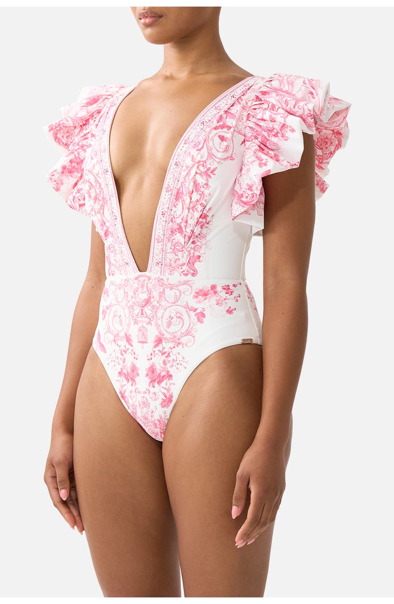 Camilla Plunge One Piece W Pleated Ruffle Sleeves, Alternate, color, Livin La Vida Rosa