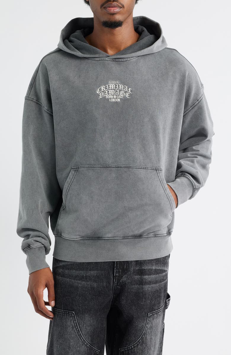 CRIMINAL DAMAGE Logo Mania Oversize Cotton Fleece Hoodie, Main, color, Washed Grey