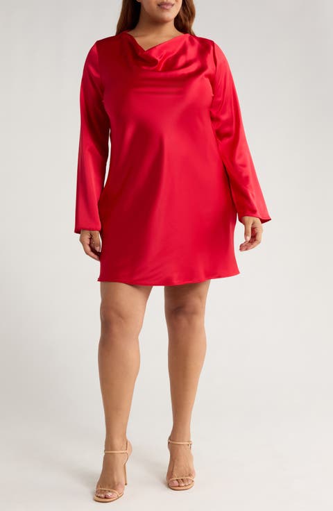 Cowl Neck Long Sleeve Satin Minidress (Plus)