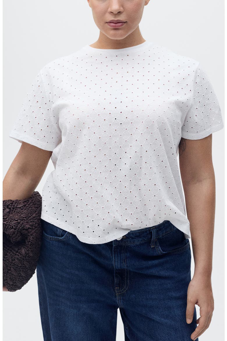 Embroidered Openwork Cotton T-Shirt, Alternate, color, WHITE