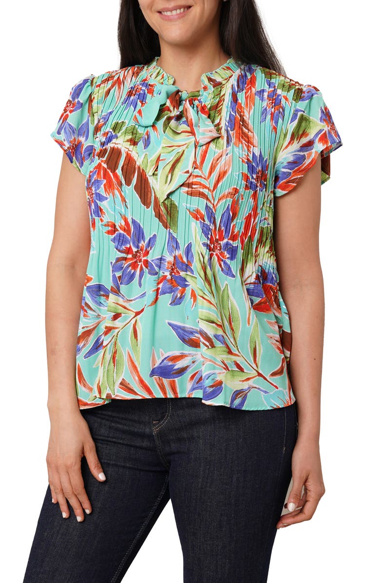 SUNNY LEIGH Pleated Tie Neck Short Sleeve Top, Main, color, Tropical Daydream