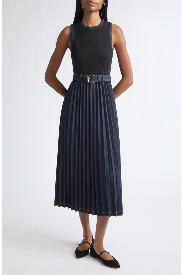Crosby Pleated Midi Dress, Main, color, BLACK/ INDIGO