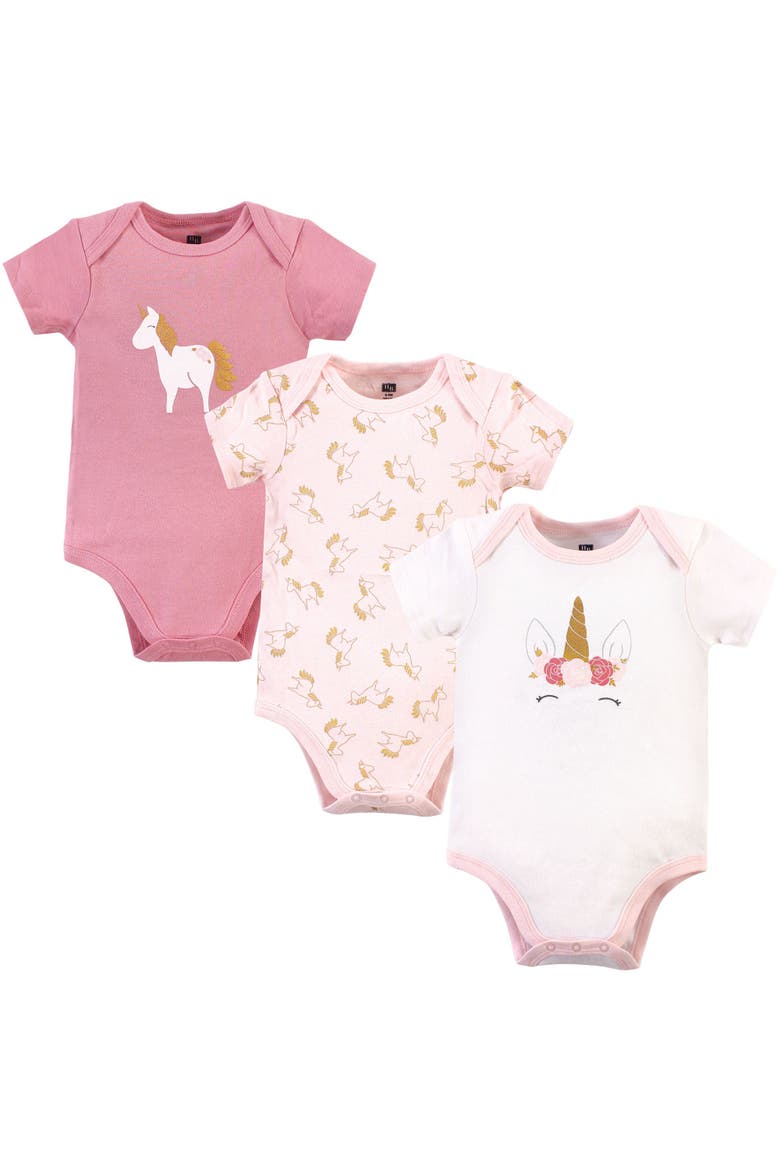 Three-Piece Set of Cotton Bodysuits, Main, color, Gold Pink Unicorn