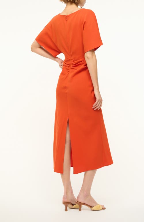Staud Amelie Ruched Crepe Midi Dress In Cayenne