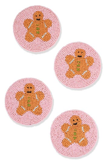 Tiramisu Gingerbread Man Set Of 4 Beaded Coasters In Pink