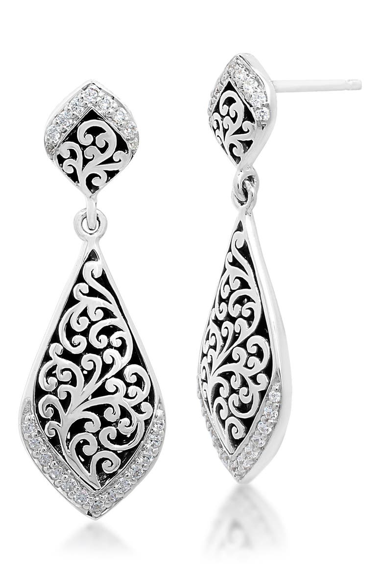 Sterling Silver Diamond Outlined Medium Scroll Drop Earrings - 0.332 ctw, Main, color, SILVER