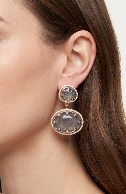 Pav Cabochon Drop Earrings