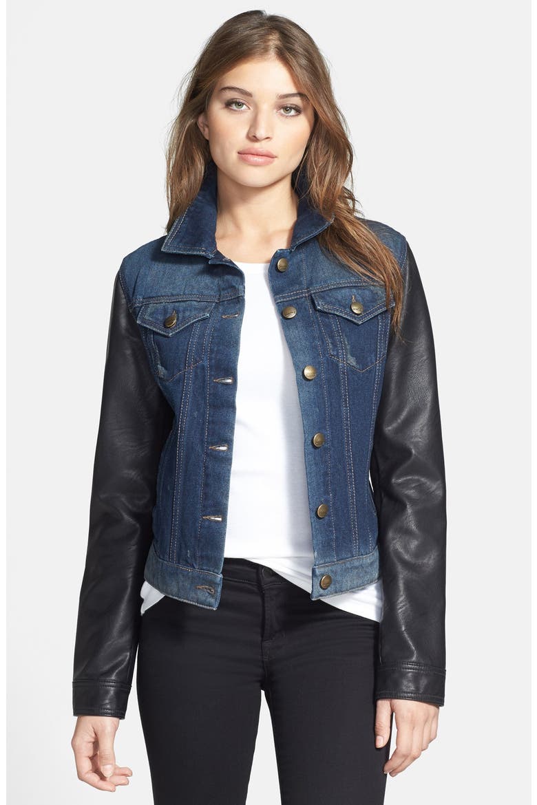 Faux Leather Sleeve Denim Jacket, Main, color, BLUE