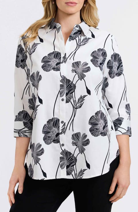 Marina Poppy Print Cotton Button-Up Shirt (Plus)
