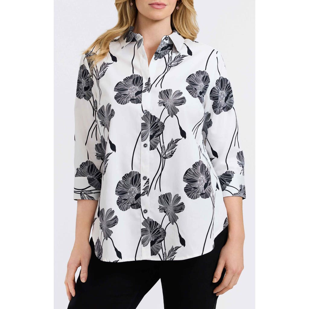 Foxcroft Agnes Poppy Print Three-quarter Sleeve Popover Top