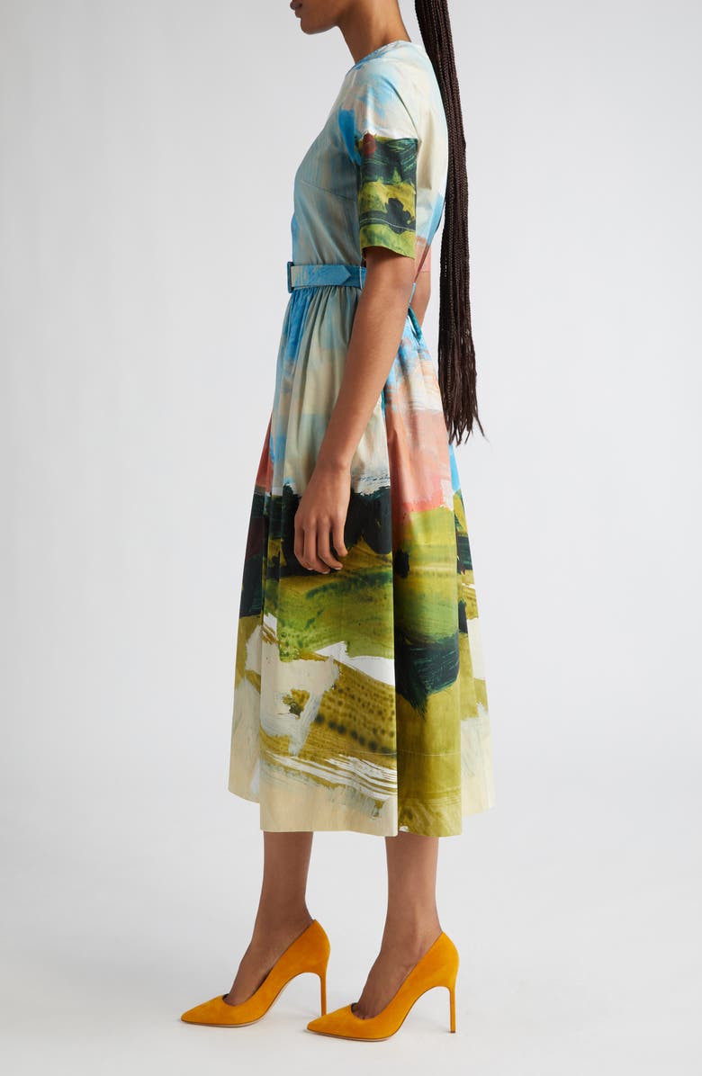 Oscar de la Renta Landscape Print Belted Stretch Cotton Midi Dress, Alternate, color,