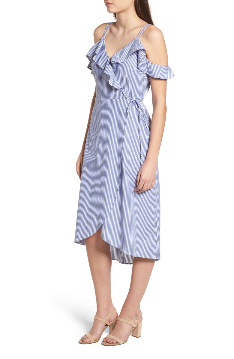 BP. Stripe Ruffle Wrap Dress, Alternate, color,