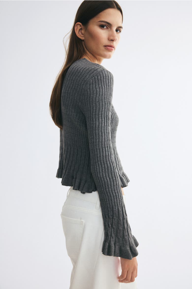 Ruffle-Trimmed V-Neck Cardigan, Alternate, color, Gray melange